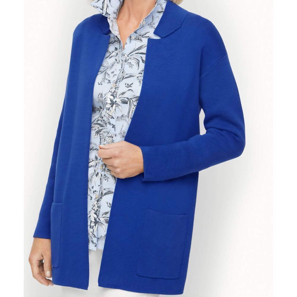 NWT Talbots Sweater Jacket Womens XS Cobalt Blue Notch Collar Open Cotton Knit - Picture 1 of 5